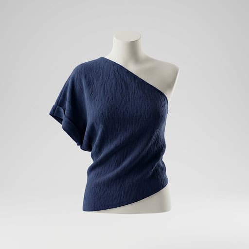A premium 3D product render of a modern women's asymmetrical knit top in a deep navy blue, minimalist high-fashion trend, clean studio background, soft lighting, stylized 3D look.